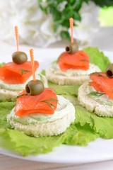 Delicious canapes on table close-up