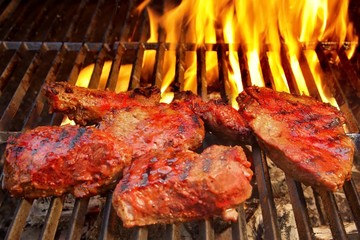 eef Steak on the BBQ Grill with flames.
