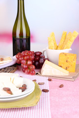 Assorted cheese plate , grape and wine glass