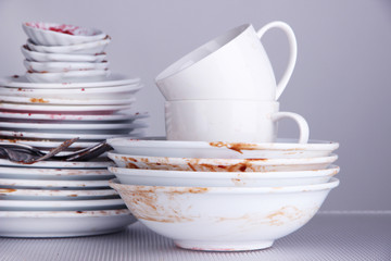 Dirty dishes on gray background