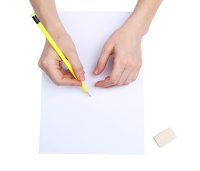 Human hands with pencil and erase rubber, isolated on white