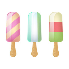 Set of fruit ice cream pops on wooden sticks. Popsicles.