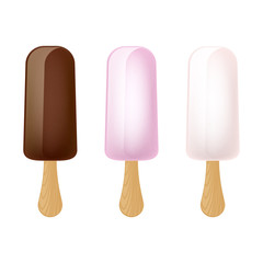 Set of chocolate ice cream pops on wooden sticks. Popsicles.