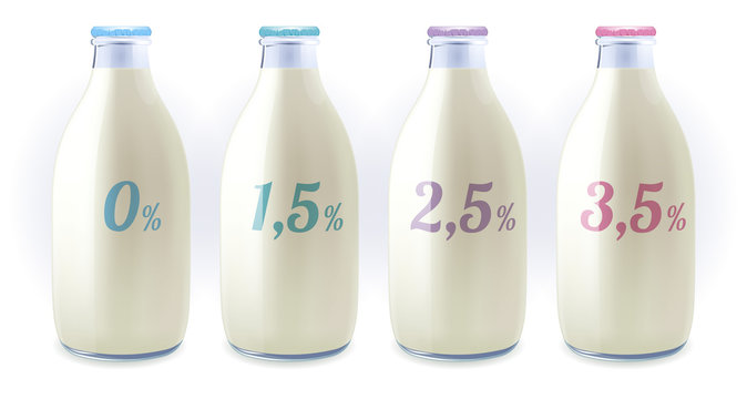 Set of milk bottles - percentage of fat. Foil caps.