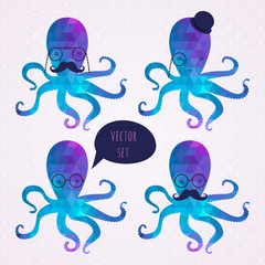 vector set with octopus. mustaches. hipster card - 63369742