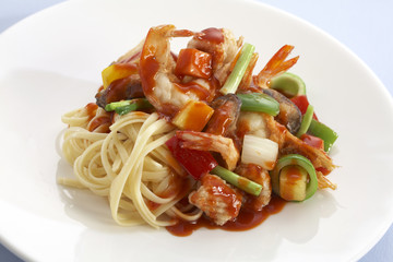 close up spaghetti seafood in natural light