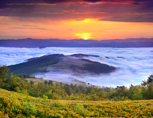 misty sunrise in the mountains at the summer