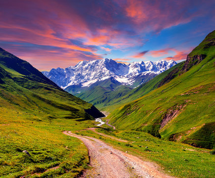 Colorful summer sunrise in the high mountains