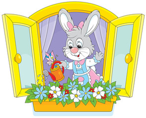 Easter Bunny watering window flowers