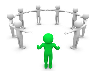 3D man joining a group of people in a circle over a white backgr