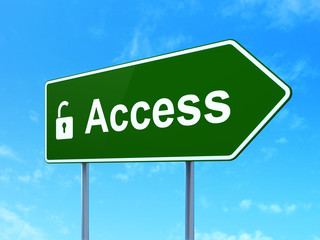 Protection concept: Access and Opened Padlock on road sign