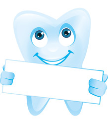 lächelnder Zahn mit Gesicht hält weisses Schild