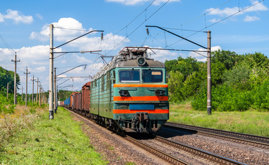 Electric locomotive hauling a cargo train