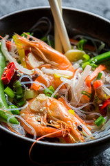 Closeup of chinese mix vegetables and rice noodles