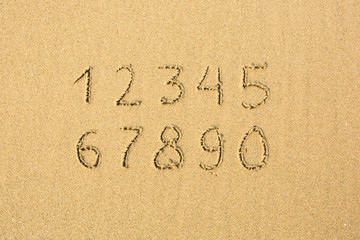 Numbers written on a sandy beach.