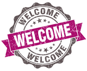 Welcome violet grunge retro style isolated seal