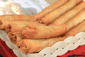 Fried spring rolls in the kitchen.