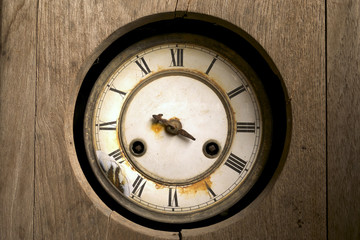 broken vintage wall clock. dead abandoned clock, vintage clock with wood cover