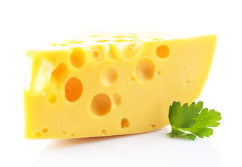 Piece of cheese on plate, isolated on white