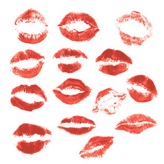 Set of beautiful red lips print on isolated white background