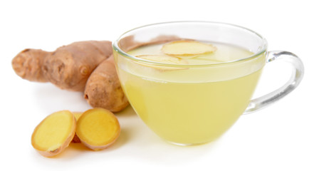 Healthy ginger tea with lemon and honey isolated on white