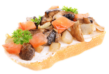 Delicious bruschetta with mushrooms isolated on white