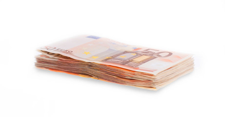 Stack of 50 euro bills, selective focus
