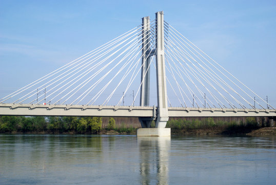 Fototapeta Cable stayed bridge across river Po in Northern Italy