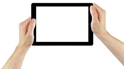 adult man hands holding generic tablet pc with white screen