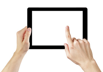adult man hands using generic tablet pc with white screen