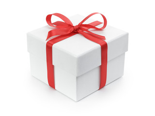white gift paper box with red ribbon bow