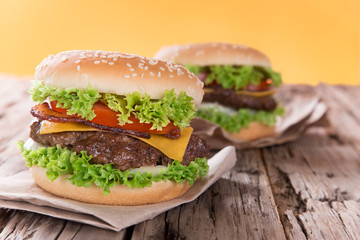 delicious hamburger on wood
