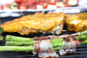 Grilled bacon sheated asparagus