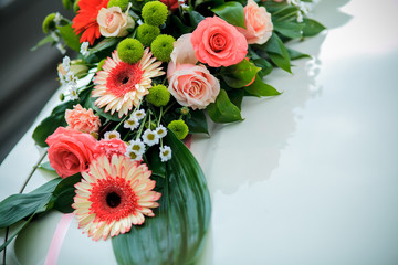 Vintage Wedding Car Decorated with Flowers.