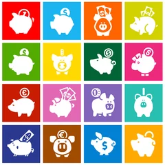 Fotobehang Piggy bank, set white icons on colored squares © ecelop