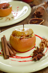 Christmas background of Homemade oven baked stuffed apples