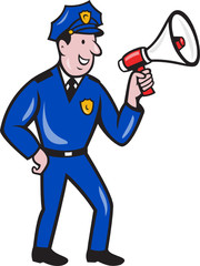 Policeman Shouting Bullhorn Isolated Cartoon