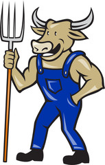 Farmer Cow Holding Pitchfork Cartoon