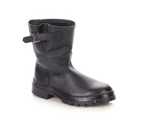 Close up of leather black boot.