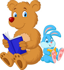 Cartoon bear and rabbit reading book