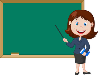 Cartoon female teacher standing next to a blackboard