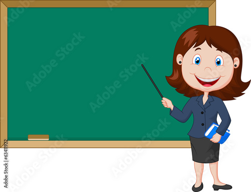 Cartoon Female Teacher Standing Next To A Blackboard Stock Image And