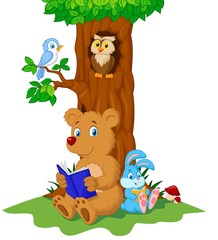 Cute animals reading book