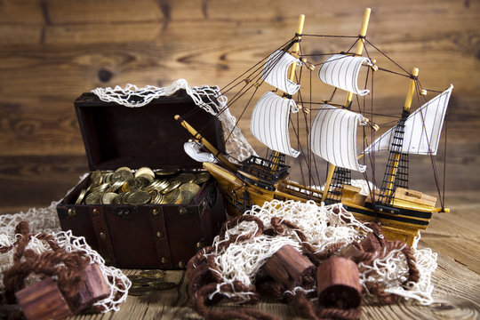 pirate ship, chests of gold