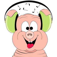 Happy pig in headphones and music isolated on a white background