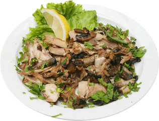 Oven baked rabbit meal with mushrooms and rosemary. 