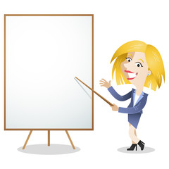 Cartoon business woman, presentation, explaining, blank board