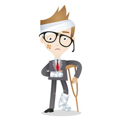 Injured cartoon businessman bandages crutches