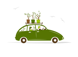 Family traveling by green car with plants on roof