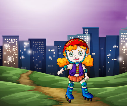 A young girl rollerskating across the tall buildings